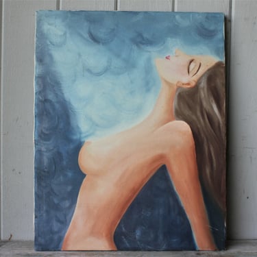 Vintage Mid Century Oil on Canvas Nude Portrait Painting 