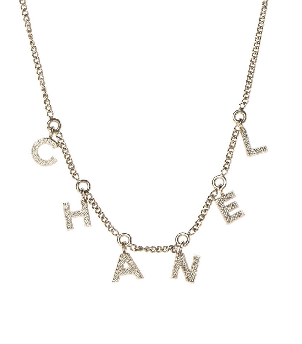Vintage 90 s CHANEL LOGO LETTERS Monogram Gold Plated Charm Necklace Moonstone Vintage Los Angeles CA