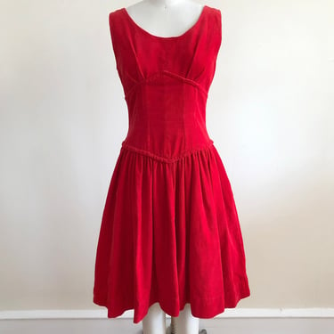 Sleeveless Red Corduroy Dress with Corseted Waist Seams - 1950s 