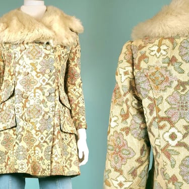 1960s tapestry coat with a faux fur collar, double breasted, earthy pastels, & fully lined. Mod princess. Boho flavor. FAIRY. (S/M) 