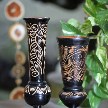 Vintage Set of 2 Wooden Pedestal Vase Hand Carved 