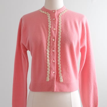 Absolutely Darling 1950's Baby Pink Wool Cardigan Sweater/ Sz M