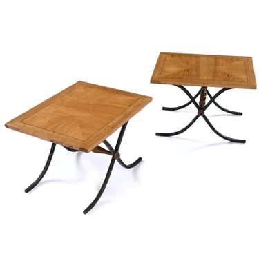Pair Parquet Oak Petite Side Tables with Iron X Base Sabre Legs 
