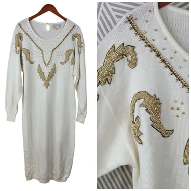 Vintage 80/90s Sweater Dress size Large White Gold Embellished Glam Party Beaded 