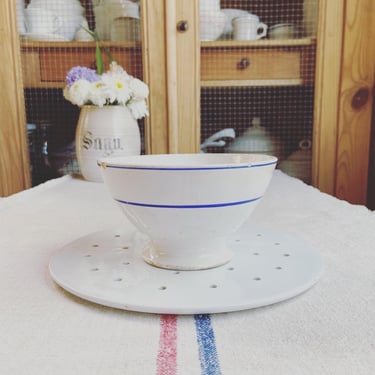 Lovely vintage French ironstone cafe au lait blue stripes bowl 