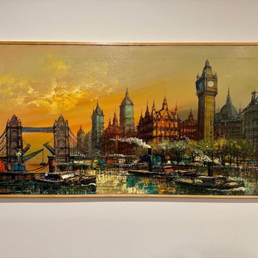 Midcentury London Skyline Scene Oil Painting Canvas - Signed Vintage - Free Shipping 