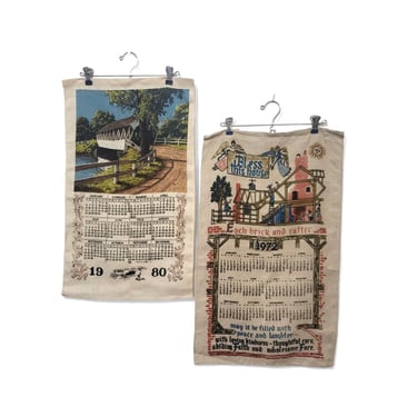 2 Vintage Linen Tea Towel Calendars, 1980 Kay Dee Covered Bridge, 1972 Bless This House, Country Farmhouse Kitchen Decor, Wall Hangings 