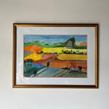 1980's Boruca Countryside Farmland Landscape Impressionist Colorful Watercolor Painting, Framed 
