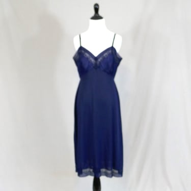 60s Dark Navy Blue Slip - Lace Trim Bodice and Hem - Full Nylon Dress Slip - Van Raalte Opaquelon - Vintage 1960s - Size 36 - S M 