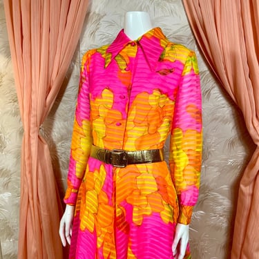 1970's Sheer Floral Day-Glow Gown