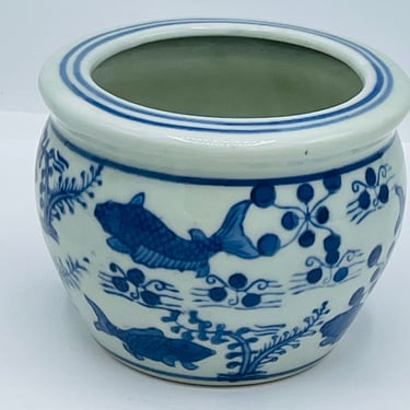 Vintage Small Koi Fish Porcelain Planter Blue White-4.5
