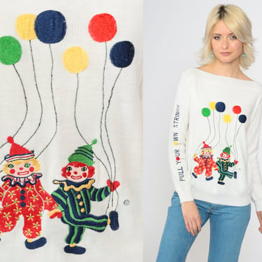 70s Clown Sweater White Embroidered Pull Your Own Strings Balloon Design Vintage 1970s Pullover Novelty Boatneck Small S 