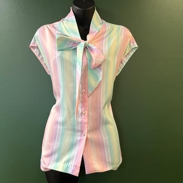 pastel striped pussy bow blouse candy stripe ascot tie plus size 2X 