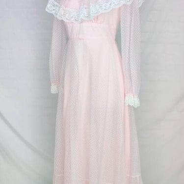 Vintage 70s 80s Pink Dotted Sheer Floor Length Dress // Cottagecore Princess dress with Bustle 