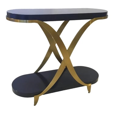 Caracole Modern Blue and Gold Oval Side Table