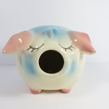 Vintage Hull Corky Pig Pink Blue Ceramic Coin Bank 