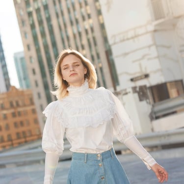 70s White Lace High Collar Cotton Gunne Sax Blouse Vintage Mutton Sleeve Victorian Top 