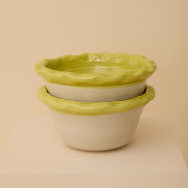 Handmade ceramic cereal bowls with chartreuse yellow dimpled rim - set of two small bowls 