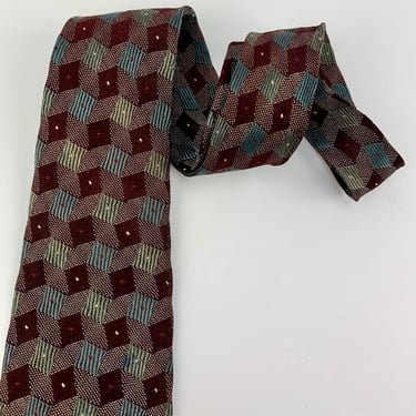 1930's Vintage Tie - Geometric Floating Squares Pattern  - Muted Maroon Colors - SILK or RAYON 