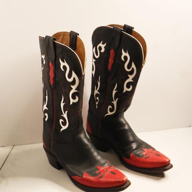 Vintage LUCCHESE Black Red + White Color Leather Western Cowboy Boots sz 7.5 Women 1883 90s Y2K 