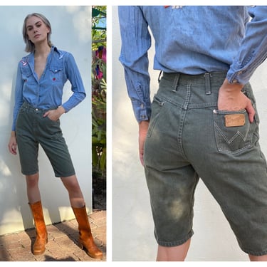 Vintage 60s Denim Shorts / Wrangler Gray Jeans / Long Jean Shorts with a High Waist / Cotton Dungarees 