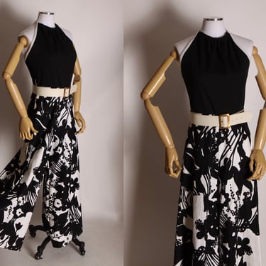 1970s Black and White Floral Open Back Halter Top Wide Palazzo Leg Jumpsuit by Momentum -S 