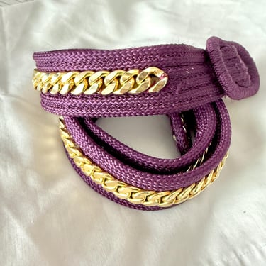 Braided Woven Belt with Chunky Chain Embellishment, Deep Plum Color, Adjustable Fit, Vintage 80s 90s 