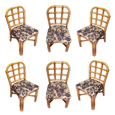 Restored Rattan Dining Chairs set w/ Tic-Tac-Toe Back, Set of 6 