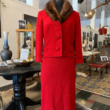 1950s 2 piece suit, red wool boucle, vintage women's suit, mink collar, skirt and jacket, glenhaven,  mrs maisel, 1960s outfit, Jacki-o, 27 