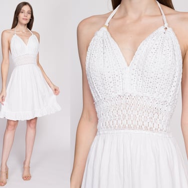 M-L| Vintage White Crochet Halter Sundress - Medium to Large | 90s Y2K Boho Cotton Low Back Mini Dress 