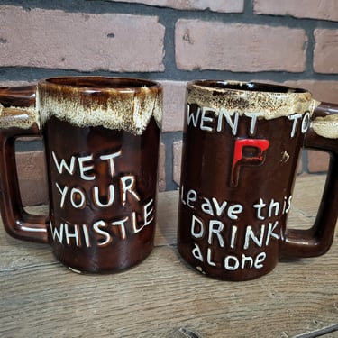 Vintage Pair of Novelty Went to Pee Wet Your Whistle Leave the Drink Alone Whistle Mugs Made in Taiwan 