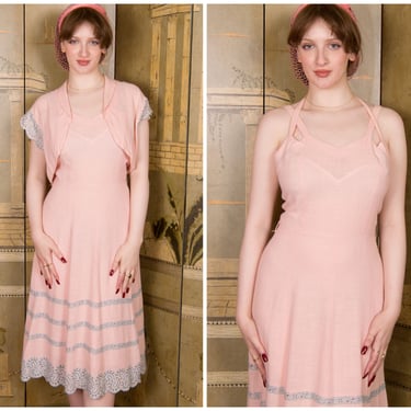 1950s Dress - Cheerful Vintage 50s Linen Summer Set of Halter Dress and Matching Bolero. 