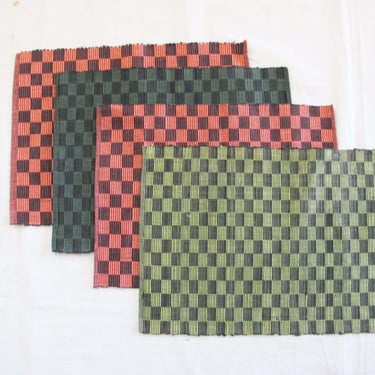 Vintage Checkerboard Placemats set of 4 -  Pink Green Mismatched Color Woven Cotton Boho Rectangle Placemats - Fabric Cloth Placemats Decor 