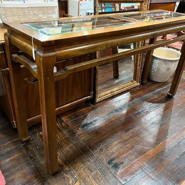 Asian style glass top console table. 52” x 14” x 28”