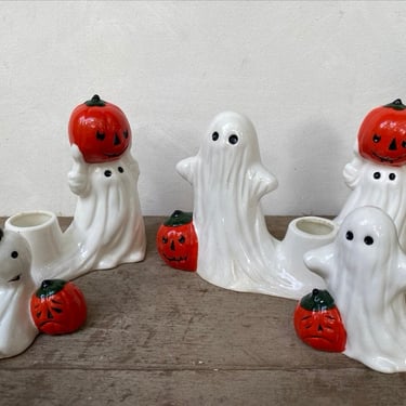 Vintage Ghost Candle Holders,  Halloween JOL Ghost Figurines Made Of Bone China, Pumpkin Head, Collection Of 5 Pieces 