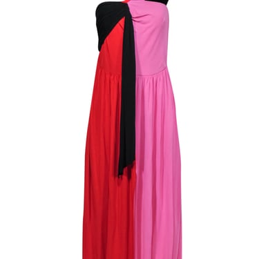 MSGM - Red & Pink Colorblock One-Shoulder Maxi Dress w/ Slit Sz 6