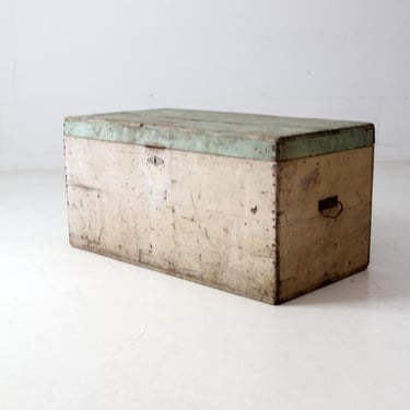antique painted flat top wood trunk 