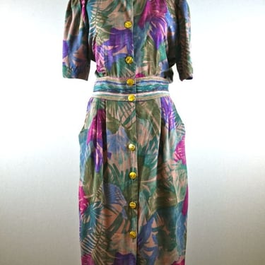Tropical Floral Dress with Striped Waistline 