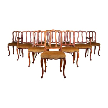 French Louis XV Style Provincial Walnut Dining Chairs - Set of 10 