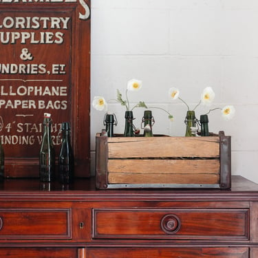 antique wood and metal beer bottle crate