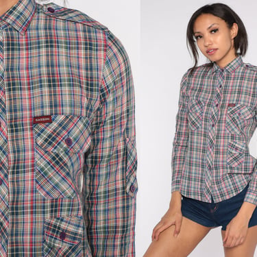 Sasson Plaid Shirt 80s Button Up Blouse Blue Red Green Checkered Print Long Sleeve Chest Pocket Top Epaulette 1980s Vintage Extra Small xs 