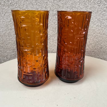 Vintage Libbey tall tumbler glasses set 2 Artica cooler amber orange 