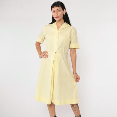 60s Shirtdress Light Yellow Button Up Dress 1960s Midi Dress Pastel Mad Men Shirtwaist Vintage Plain Day Dress High Waist Collared Small 