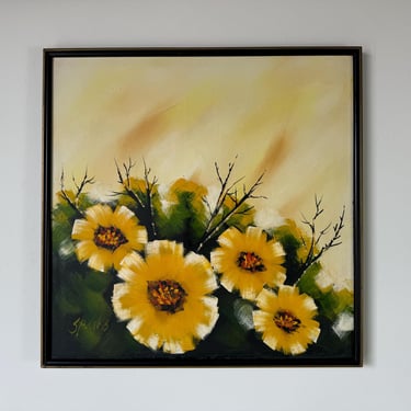 1970's Vintage Sparks Blooming Yellow Flowers - Landscape Acrylic Painting, Framed 