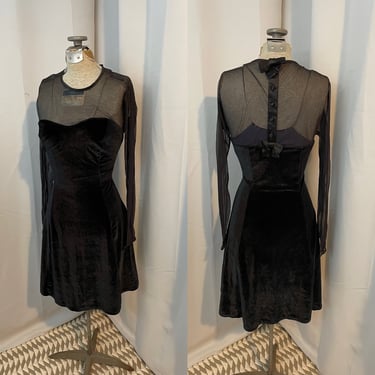 90s Black Velvet & Satin Illusion mini dress babydoll Bow M 