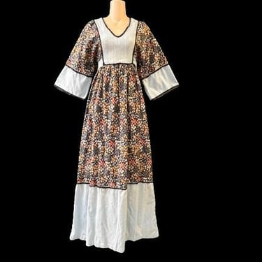 1970s floral prairie dress daisy blue boho festival gown small 