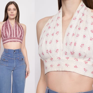 70s Boho Reversible Halter Crop Top - Small | Vintage Purple White Floral Striped Backless Blouse 