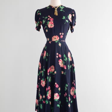 Stunning 1940's Pink Rose Print Navy Blue Rayon Dress / Small