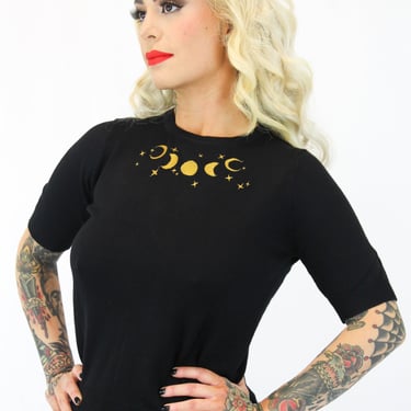 Vintage Inspired Embroidered Lunar Phases Black Moon Knit Top 