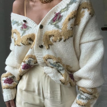 vintage fuzzy oversized mohair baroque motif knit sweater 